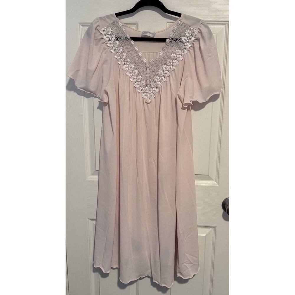 VTG Shadowline Granny Nightgown Large Pink Nylon Flutter Sleeves Lace Cottagecor